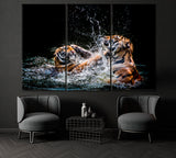 Two Tigers Play in Water Canvas Print ArtLexy 3 Panels 36"x24" inches 