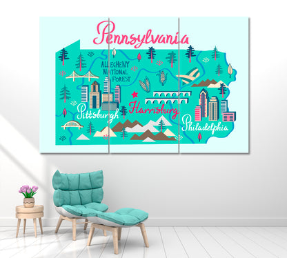 Map of Pennsylvania USA with Attractions Canvas Print ArtLexy 3 Panels 36"x24" inches 