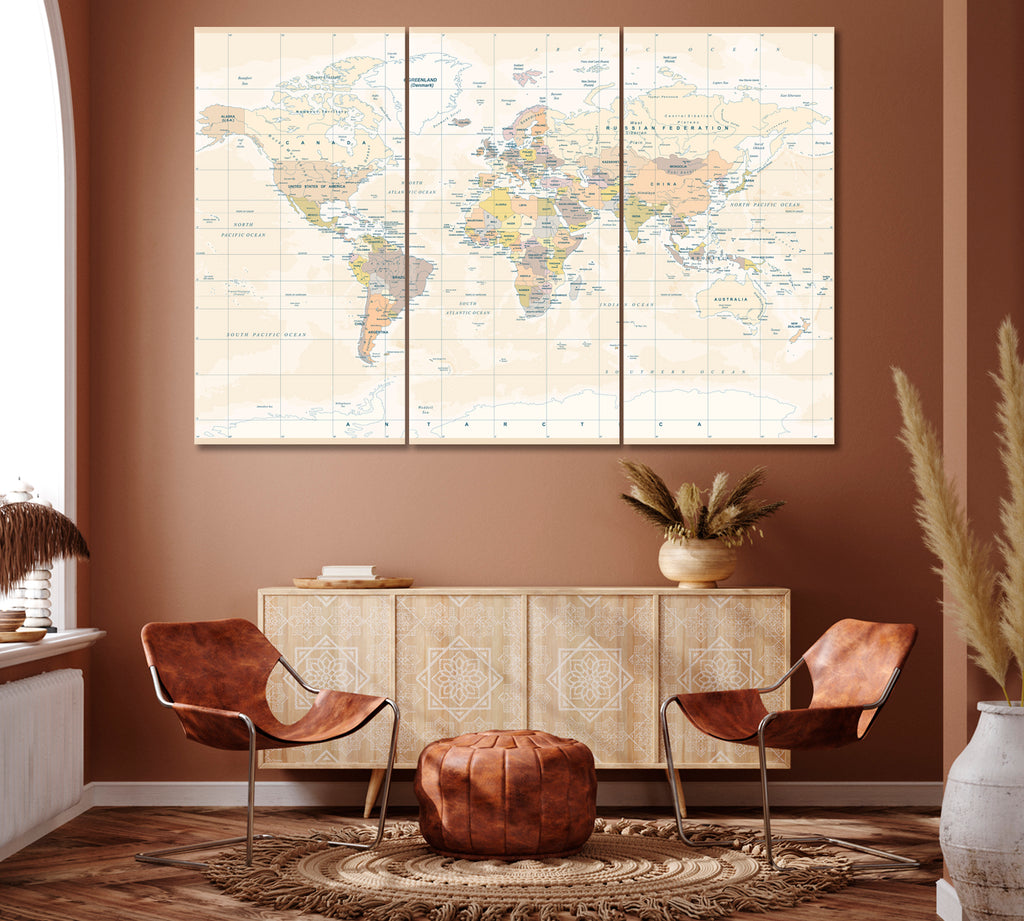 Political World Map Canvas Print ArtLexy 3 Panels 36"x24" inches 