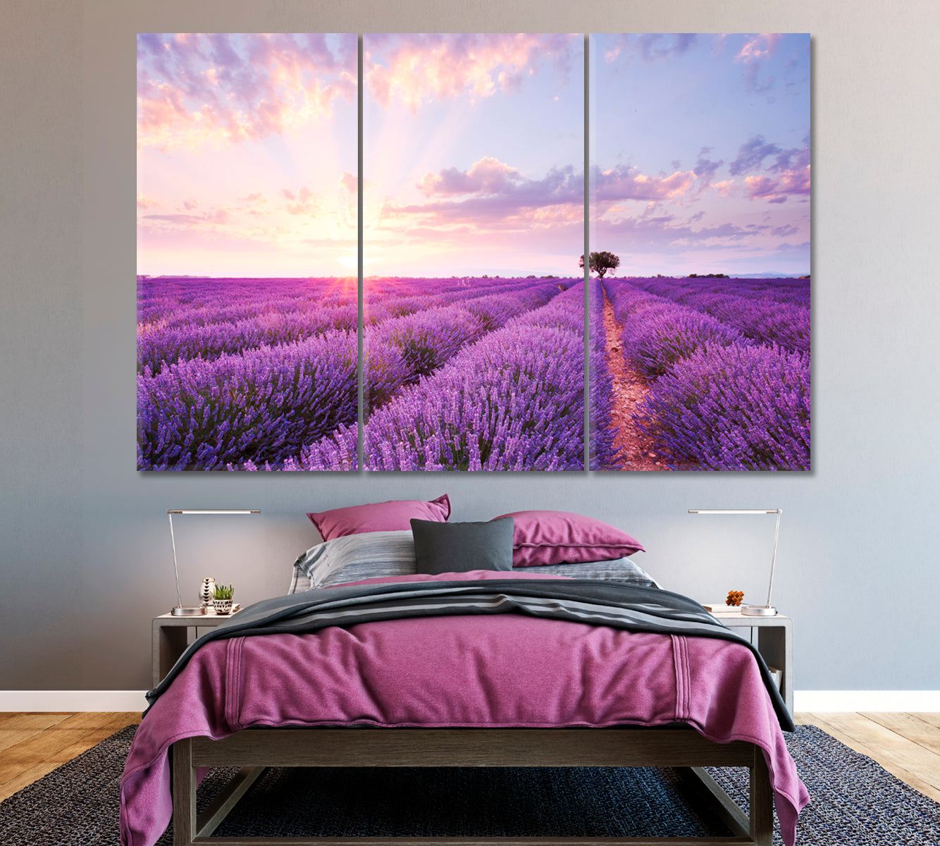 Lavender Field at Sunset Canvas Print ArtLexy 3 Panels 36"x24" inches 