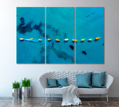 Boats in Turquoise Ocean Canvas Print ArtLexy 3 Panels 36"x24" inches 
