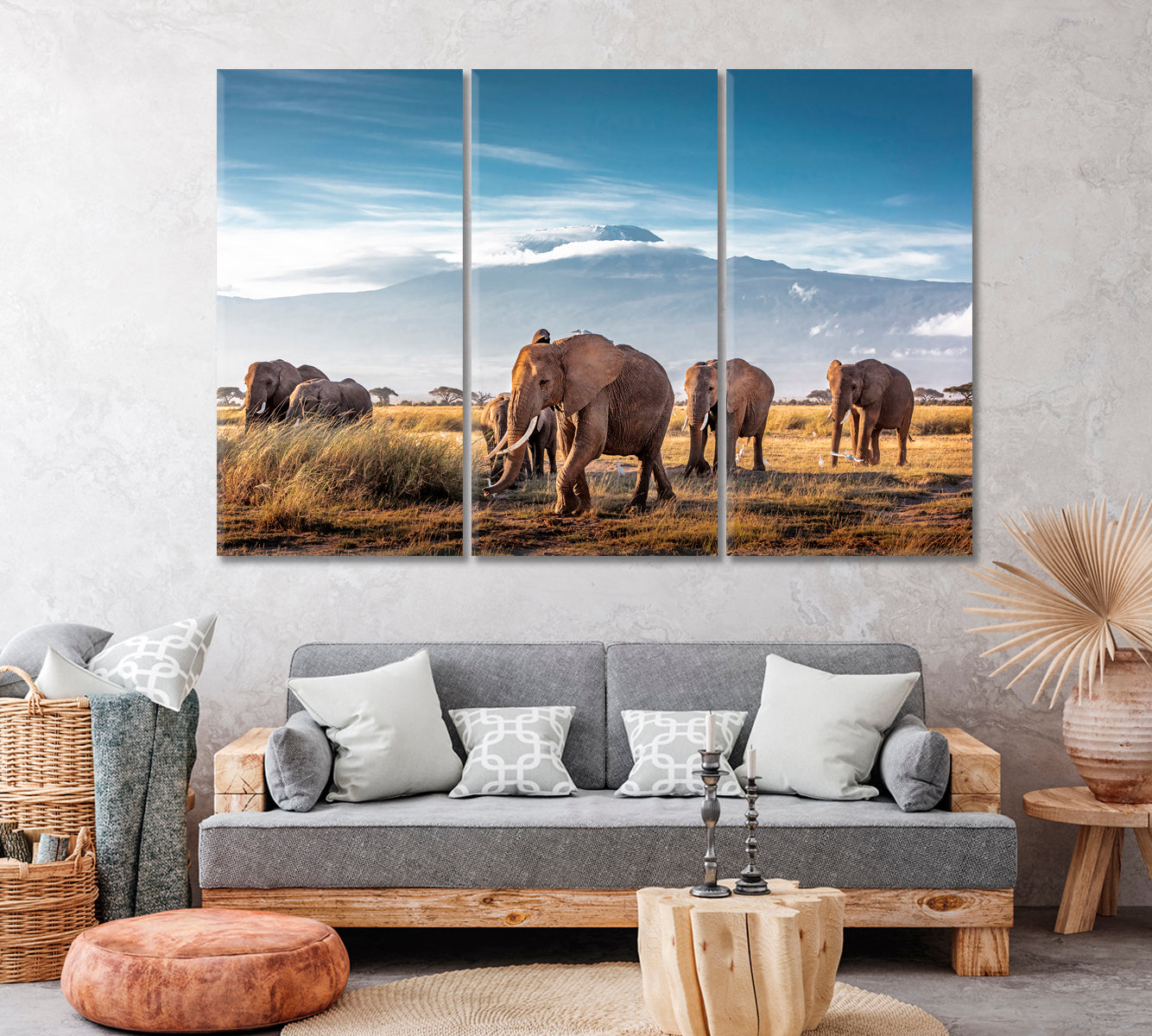 Herd of African Elephants in front of Mount Kilimanjaro Canvas Print ArtLexy 3 Panels 36"x24" inches 