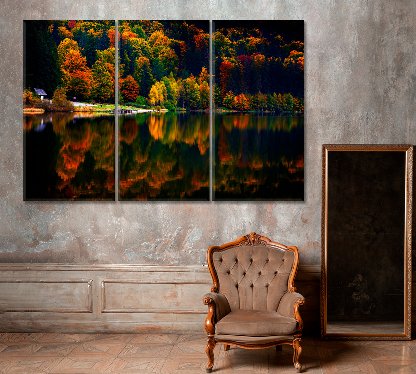 Autumn Landscape with Mountain and Lake Canvas Print ArtLexy 3 Panels 36"x24" inches 