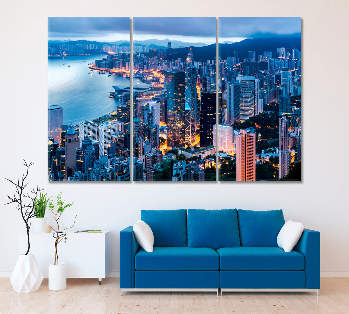 Hong Kong Cityscape at Twilight Canvas Print ArtLexy 3 Panels 36"x24" inches 