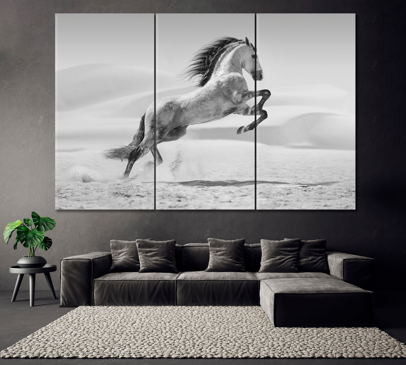 Horse in Desert in Black and White Canvas Print ArtLexy 3 Panels 36"x24" inches 