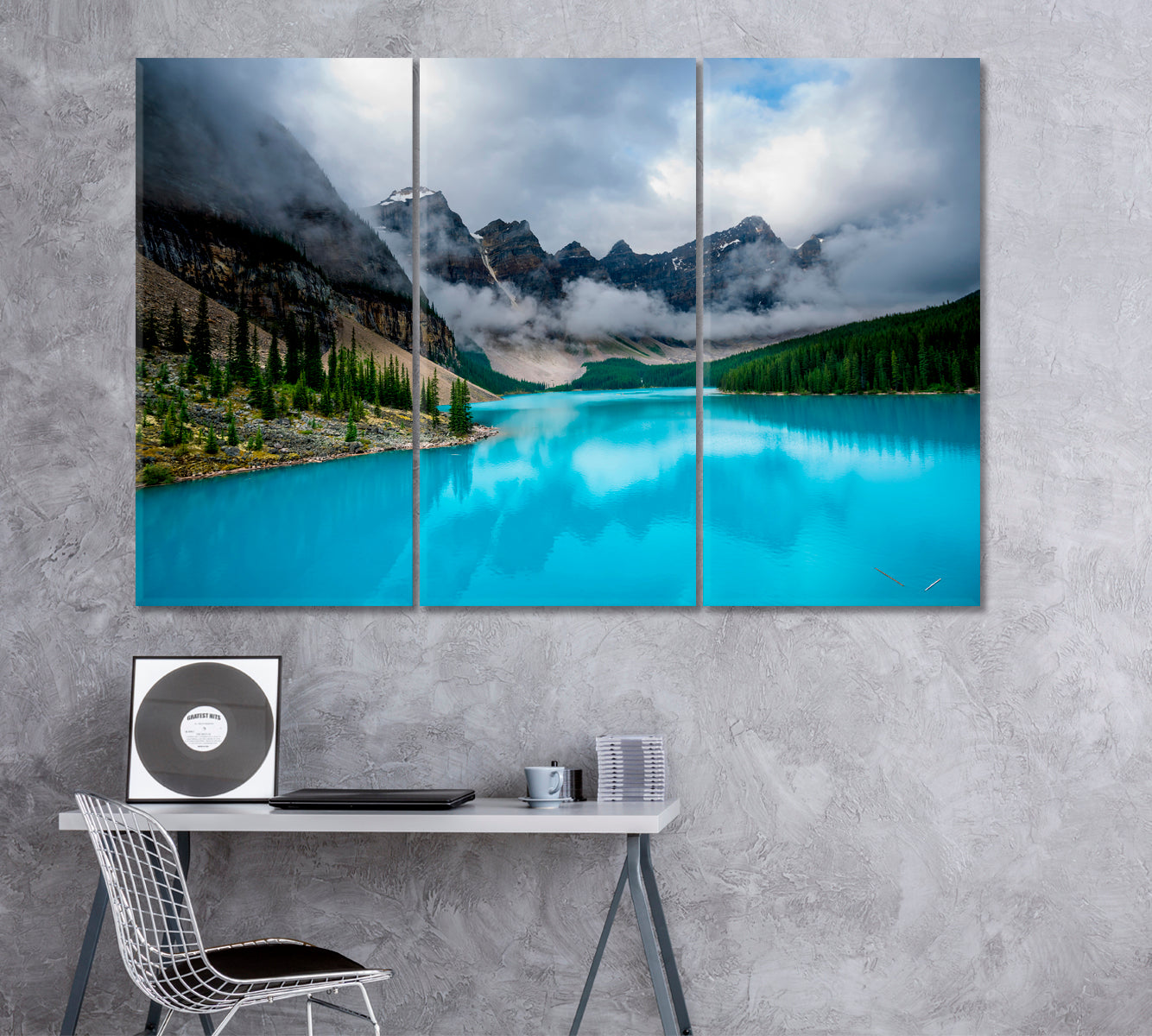 Moraine Lake in Fog Banff National Park Alberta Canada Canvas Print ArtLexy 3 Panels 36"x24" inches 