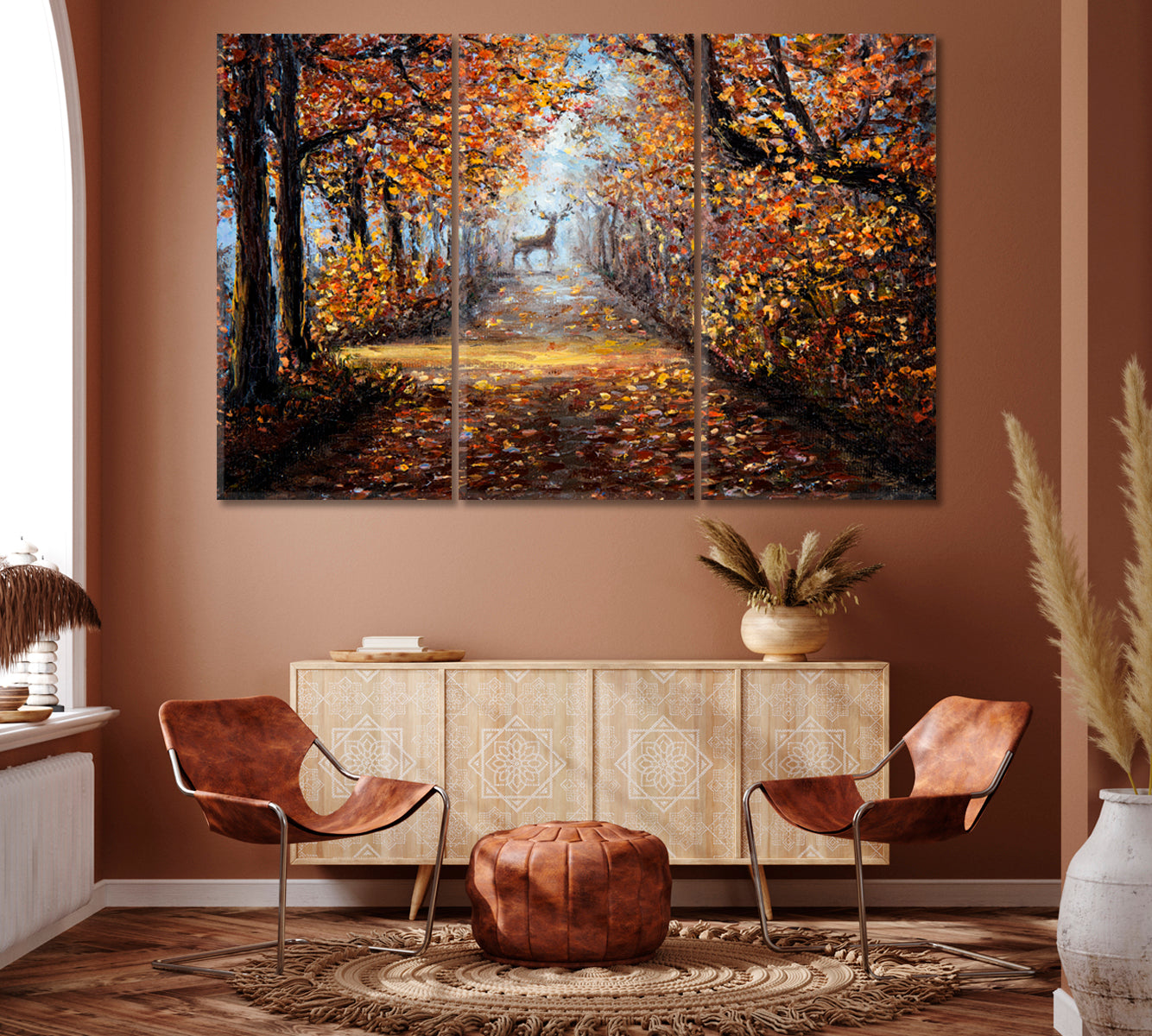 Deer in Autumn Forest Canvas Print ArtLexy 3 Panels 36"x24" inches 