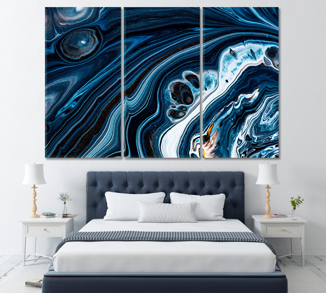Abstract Blue Fluid Marble Canvas Print ArtLexy 3 Panels 36"x24" inches 