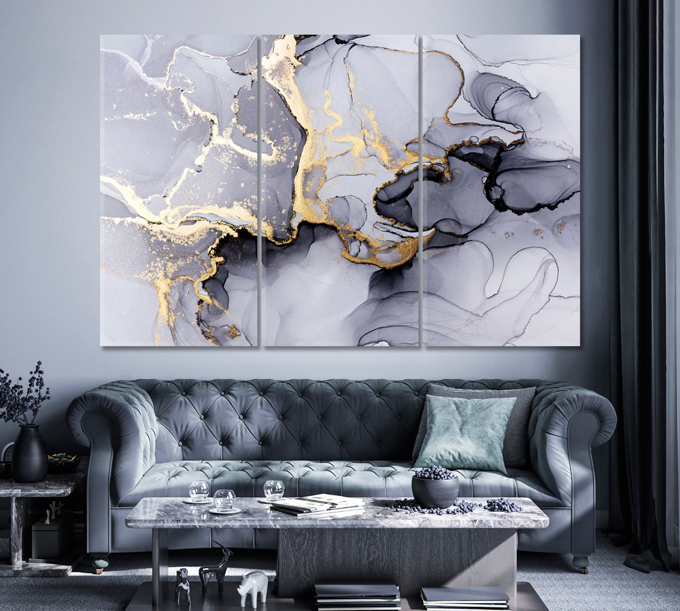 Liquid Gray Marble with Golden Veins Canvas Print ArtLexy 3 Panels 36"x24" inches 