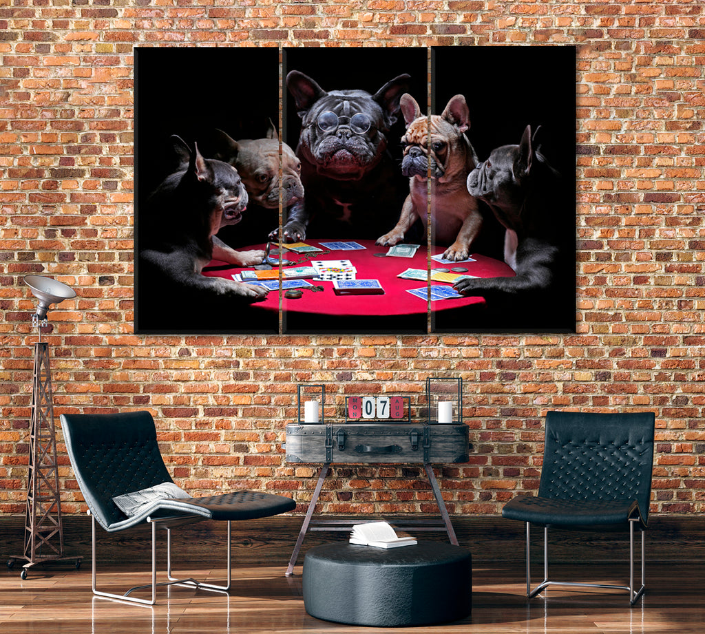 French Bulldogs Playing Cards Canvas Print ArtLexy 3 Panels 36"x24" inches 