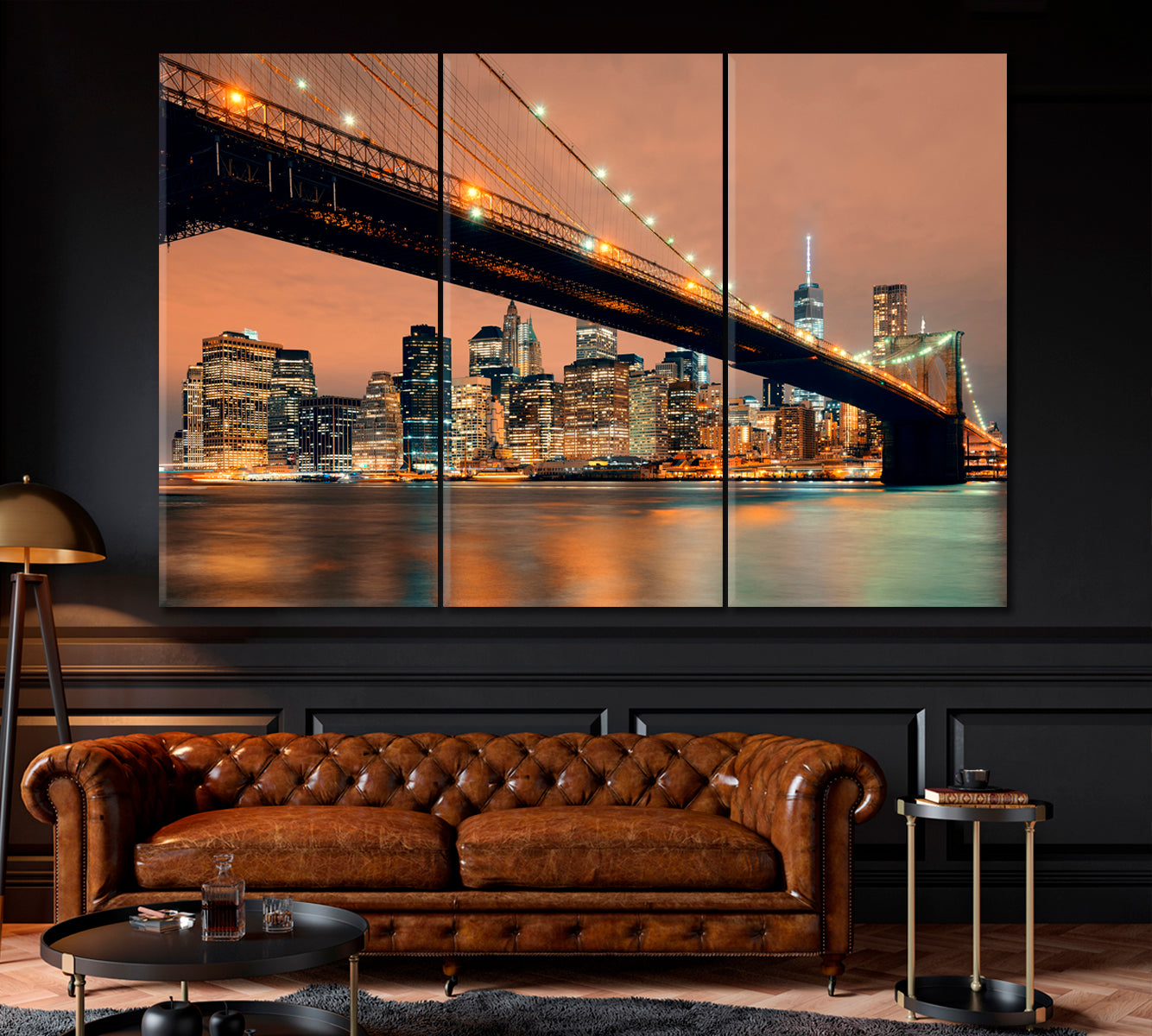Manhattan Downtown and Brooklyn Bridge at Night Canvas Print ArtLexy 3 Panels 36"x24" inches 