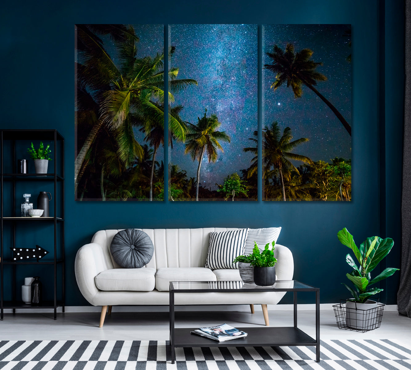Milky Way over Sandy Beach with Palm Trees Canvas Print ArtLexy 3 Panels 36"x24" inches 