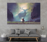 Man and Giant Deer in Mysterious Valley Canvas Print ArtLexy 3 Panels 36"x24" inches 