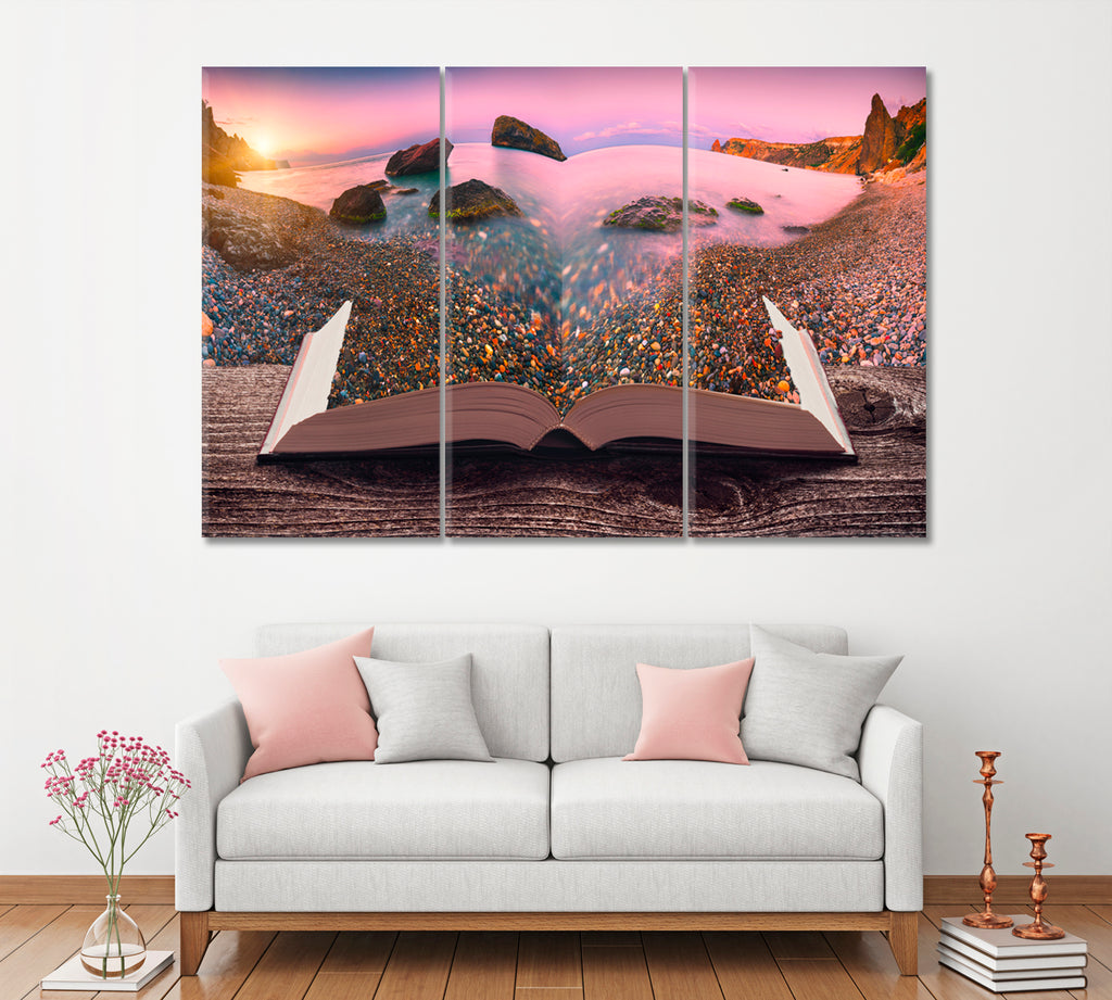 Sunrise over Sea Bay on Pages of Magical Book Canvas Print ArtLexy 3 Panels 36"x24" inches 