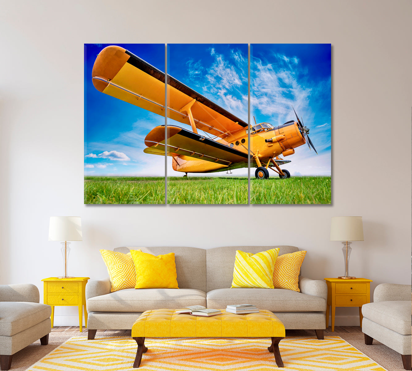 Old Yellow Biplane with Blue Sky Canvas Print ArtLexy 3 Panels 36"x24" inches 