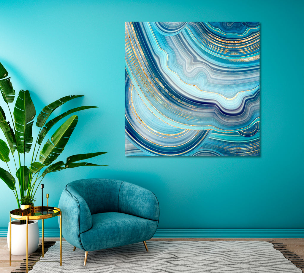 Abstract Blue Agate with Gold Veins Canvas Print ArtLexy 1 Panel 12"x12" inches 