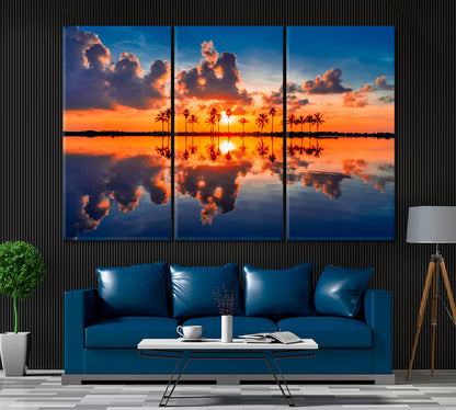 Palm Trees Reflections in Atlantic Ocean Miami Florida Canvas Print ArtLexy 3 Panels 36"x24" inches 