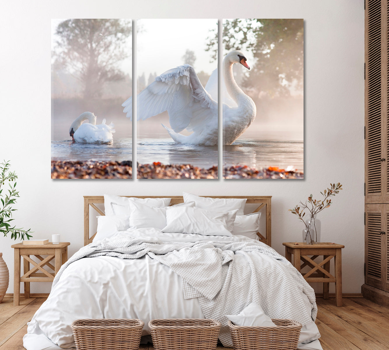 White Swan on Foggy Lake Canvas Print ArtLexy 3 Panels 36"x24" inches 