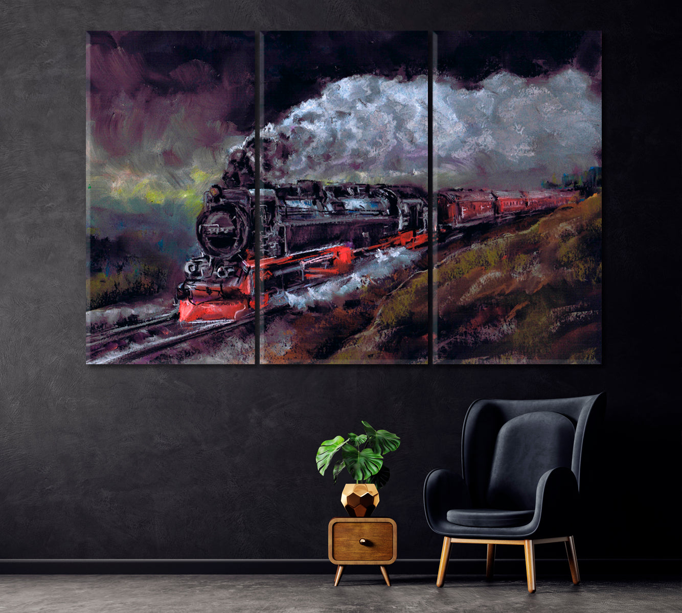 Steam Locomotive at Night Canvas Print ArtLexy 3 Panels 36"x24" inches 