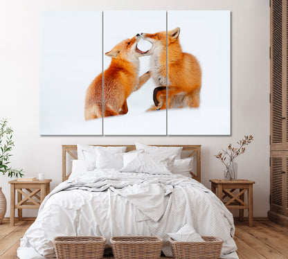 Red Foxes Playing in Snow Hokkaido Japan Canvas Print ArtLexy 3 Panels 36"x24" inches 