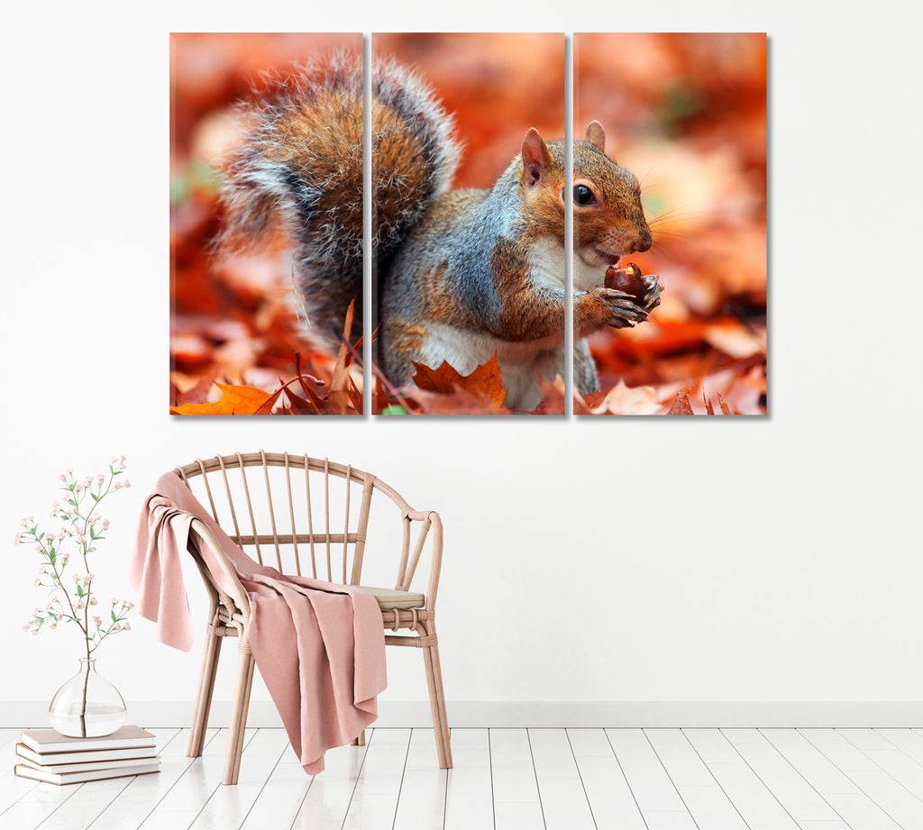 Squirrel with Acorn in Autumn Leaves Canvas Print ArtLexy 3 Panels 36"x24" inches 