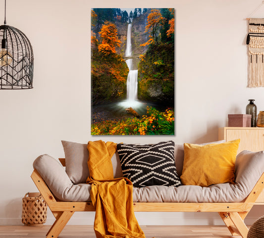 Oregon Multnomah Falls in Autumn Canvas Print ArtLexy 1 Panel 16"x24" inches 