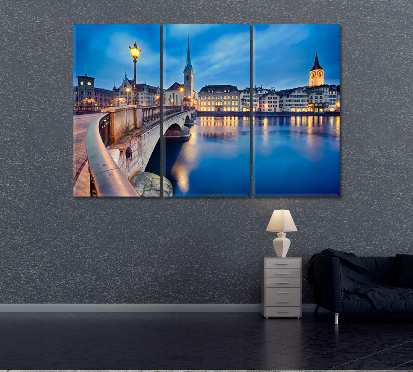 Fraumunster and St. Peter Church Switzerland Canvas Print ArtLexy 3 Panels 36"x24" inches 