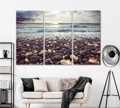 Pebble Beach with Stormy Waves Canvas Print ArtLexy 3 Panels 36"x24" inches 