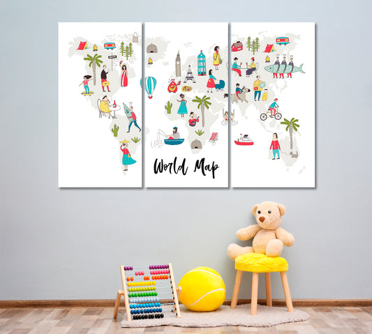 Cartoon World Map with Attractions Canvas Print ArtLexy 3 Panels 36"x24" inches 
