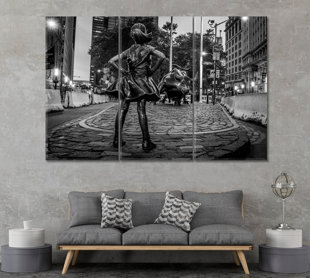 Fearless Girl Facing the Charging Bull Wall Street Lower Manhattan Canvas Print ArtLexy 3 Panels 36"x24" inches 
