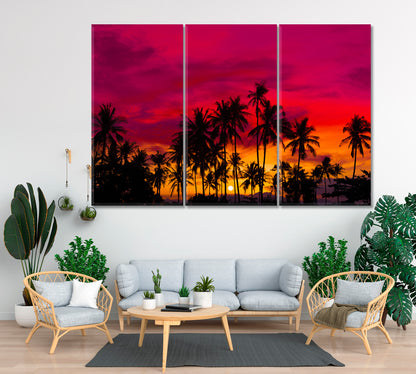 Coconut Palm Trees at Sunset Canvas Print ArtLexy 3 Panels 36"x24" inches 
