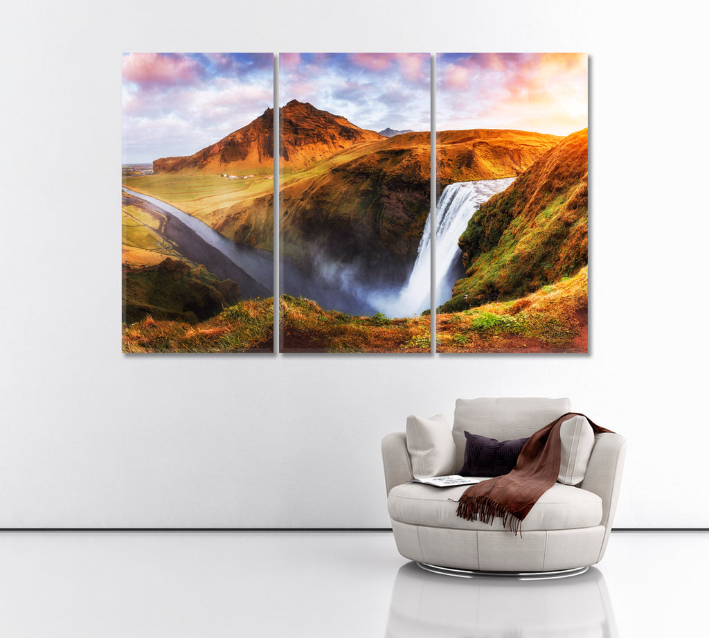 Great Waterfall Skogafoss in South of Iceland Canvas Print ArtLexy 3 Panels 36"x24" inches 