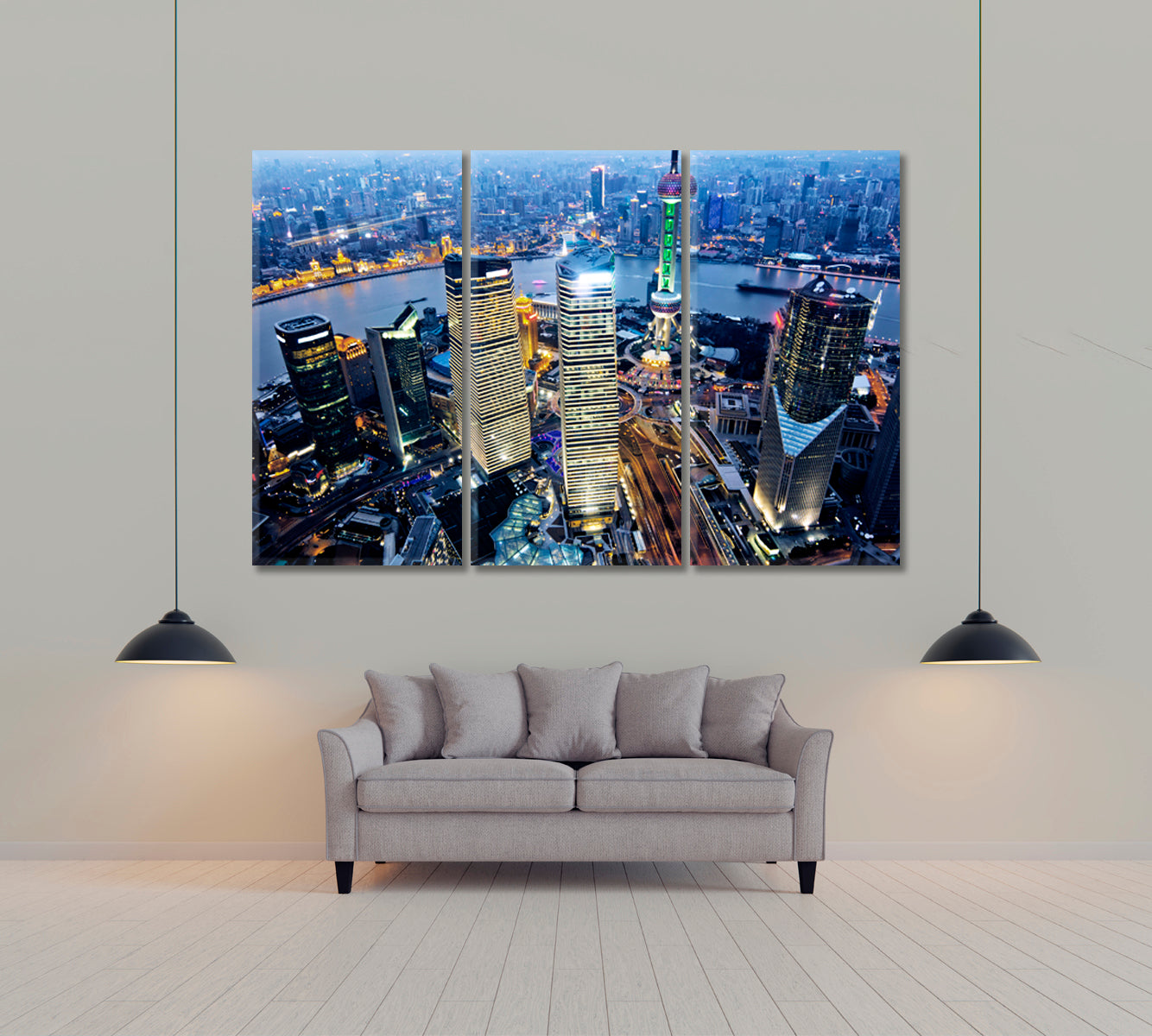 Shanghai Downtown at Night Canvas Print ArtLexy 3 Panels 36"x24" inches 
