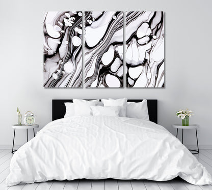Abstract Black & White Fluid Marble Waves Canvas Print ArtLexy 3 Panels 36"x24" inches 
