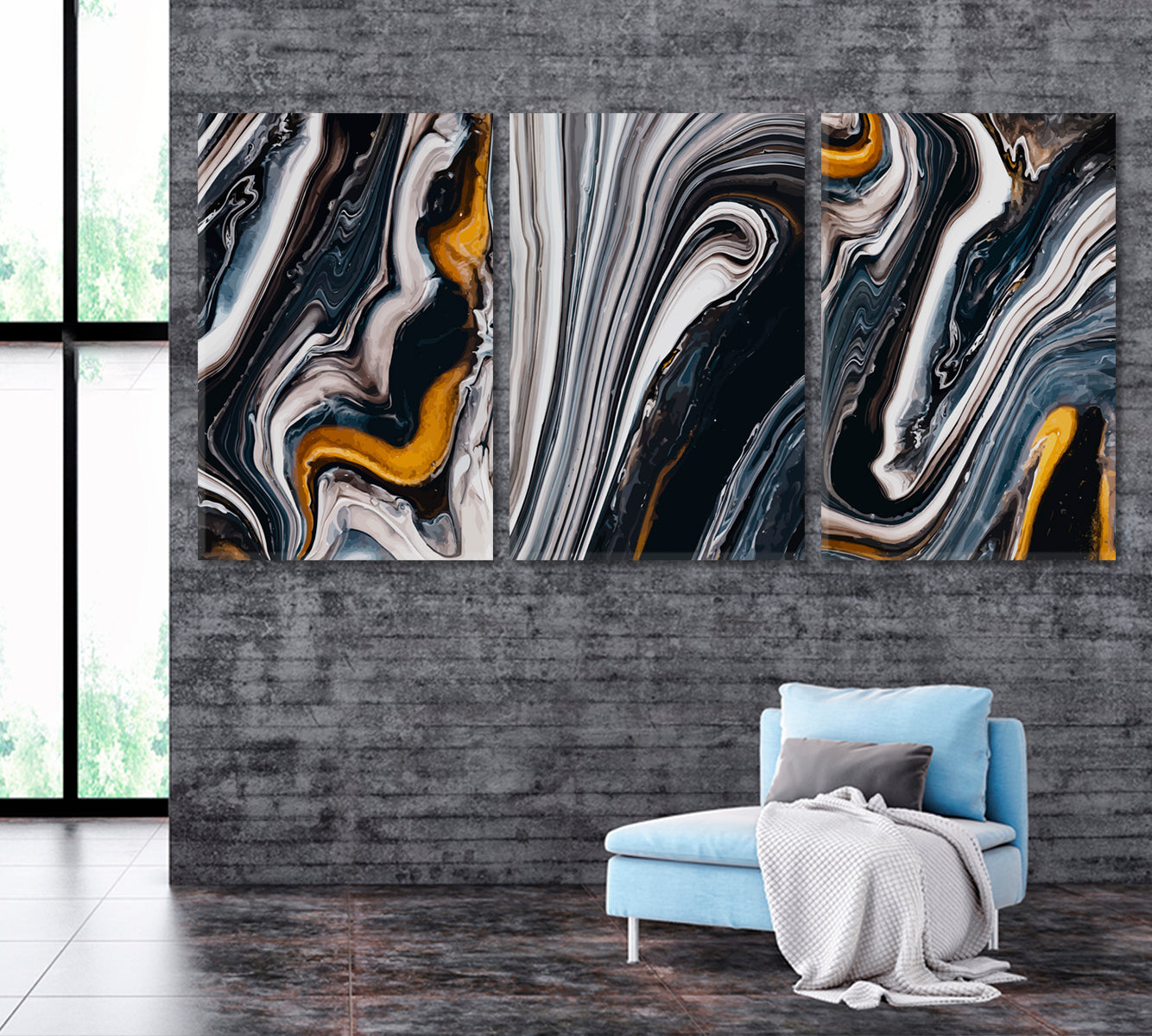 Set of 3 Trendy Abstract Navy Blue Fluid Marble Canvas Print ArtLexy   