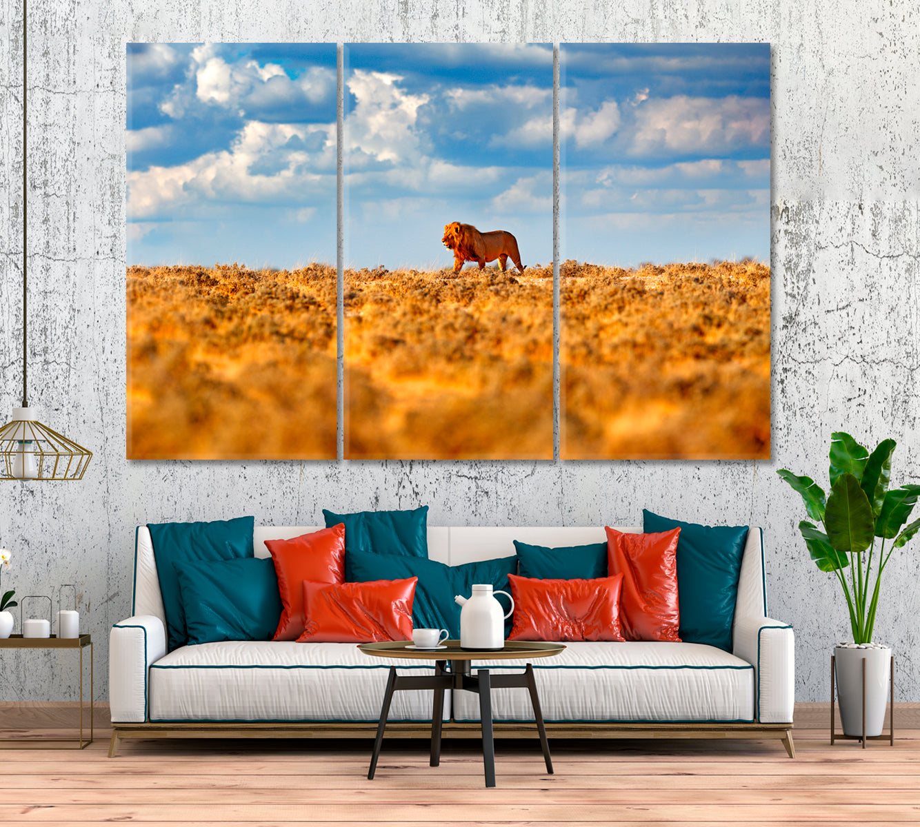 Wild Lion in Natural Habitat Africa Canvas Print ArtLexy 3 Panels 36"x24" inches 