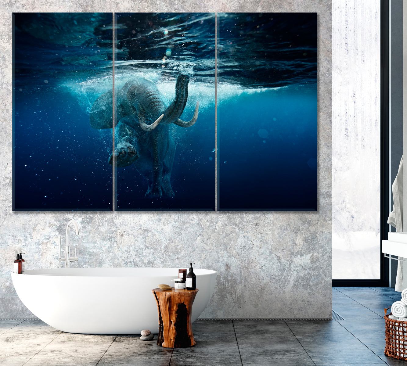 African Elephant Underwater Canvas Print ArtLexy 3 Panels 36"x24" inches 