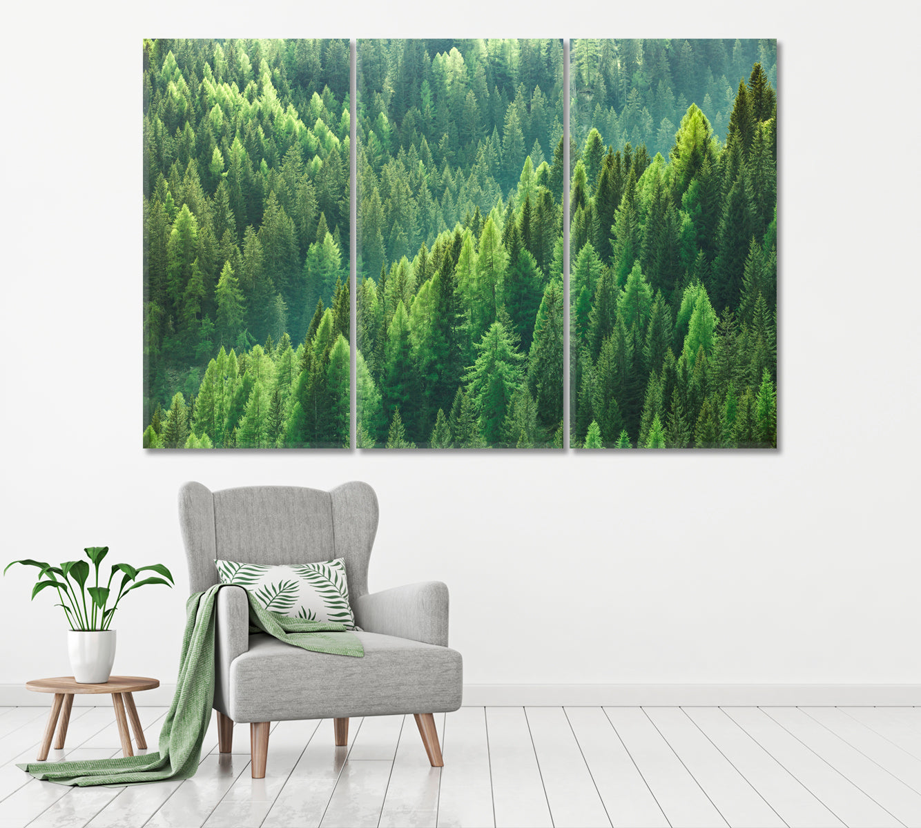 Green Forest of Fir and Pine Trees Canvas Print ArtLexy 3 Panels 36"x24" inches 