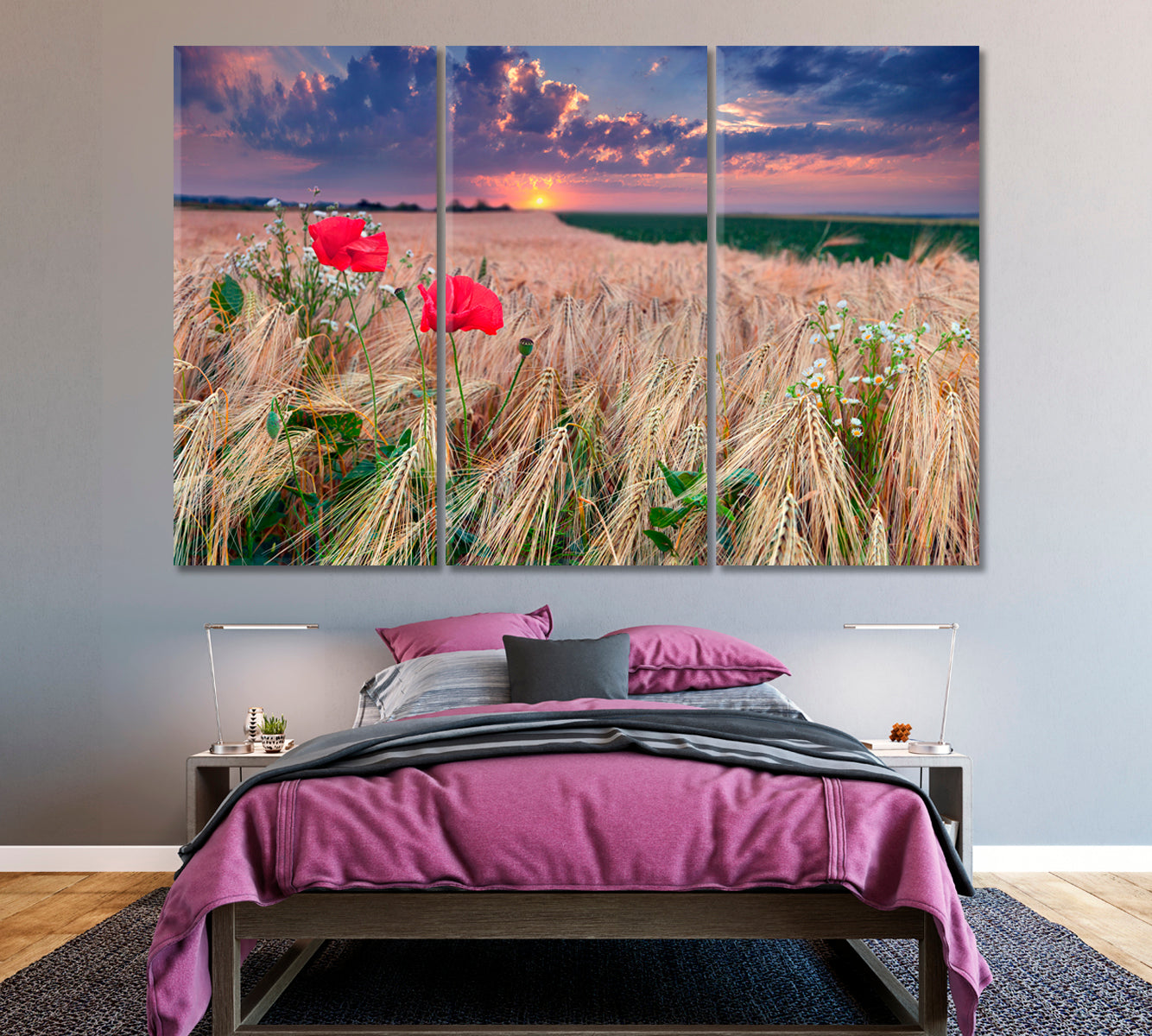 Wheat Field with Poppies Canvas Print ArtLexy 3 Panels 36"x24" inches 