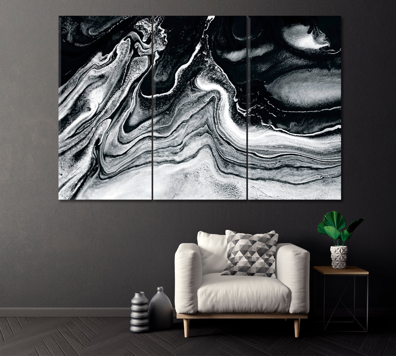Abstract Black and White Wavy Marble Canvas Print ArtLexy 3 Panels 36"x24" inches 