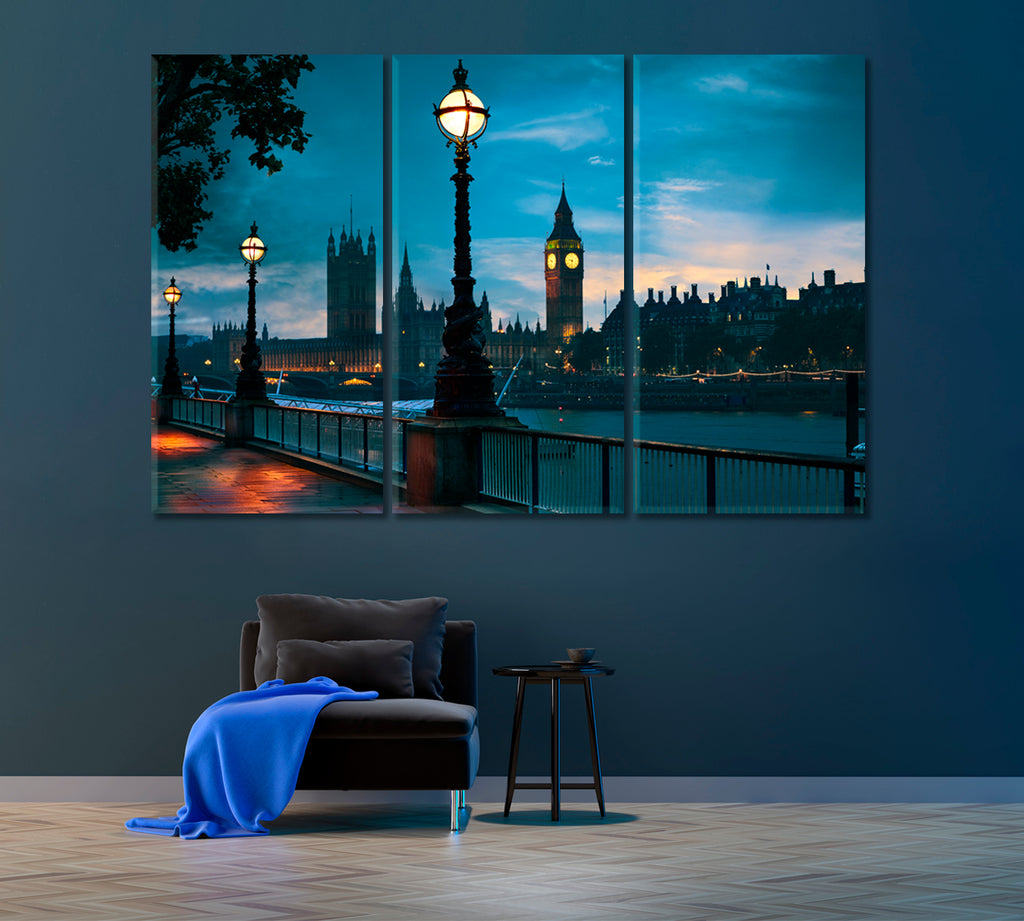 Big Ben and Thames River Canvas Print ArtLexy 3 Panels 36"x24" inches 