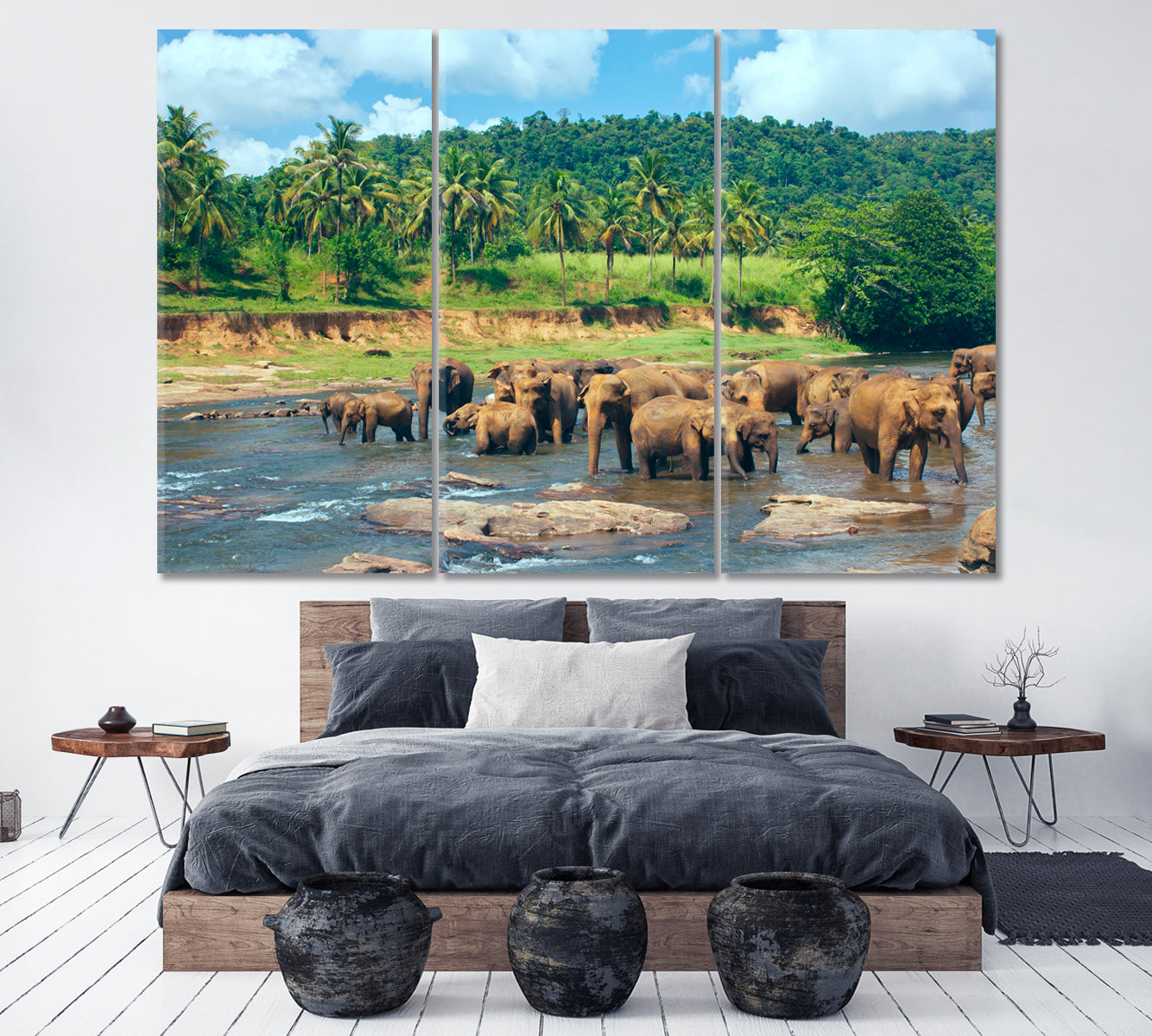 Sri Lanka Elephants in Jungle Canvas Print ArtLexy 3 Panels 36"x24" inches 