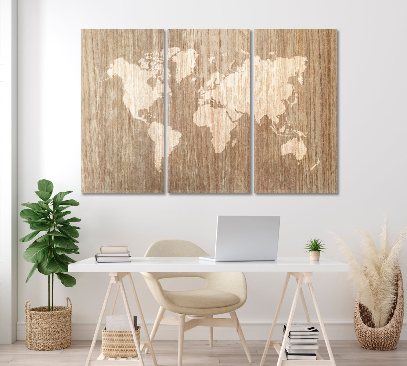 Abstract Wooden World Map Canvas Print ArtLexy 3 Panels 36"x24" inches 