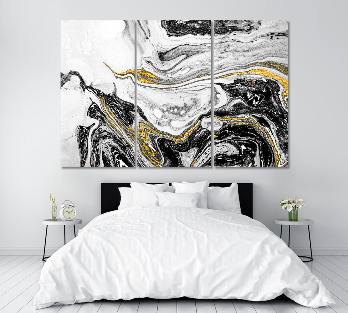 Luxury Black and White Paper Marbling Canvas Print ArtLexy 3 Panels 36"x24" inches 