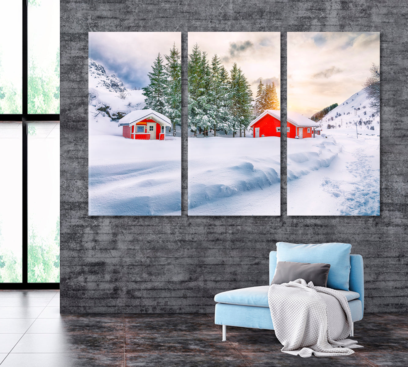 Norwegian Red Wooden Houses Lofoten Islands Norway Canvas Print ArtLexy 3 Panels 36"x24" inches 
