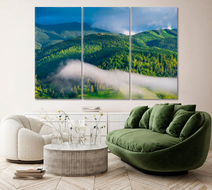 Mountain Forest in Fog Canvas Print ArtLexy 3 Panels 36"x24" inches 
