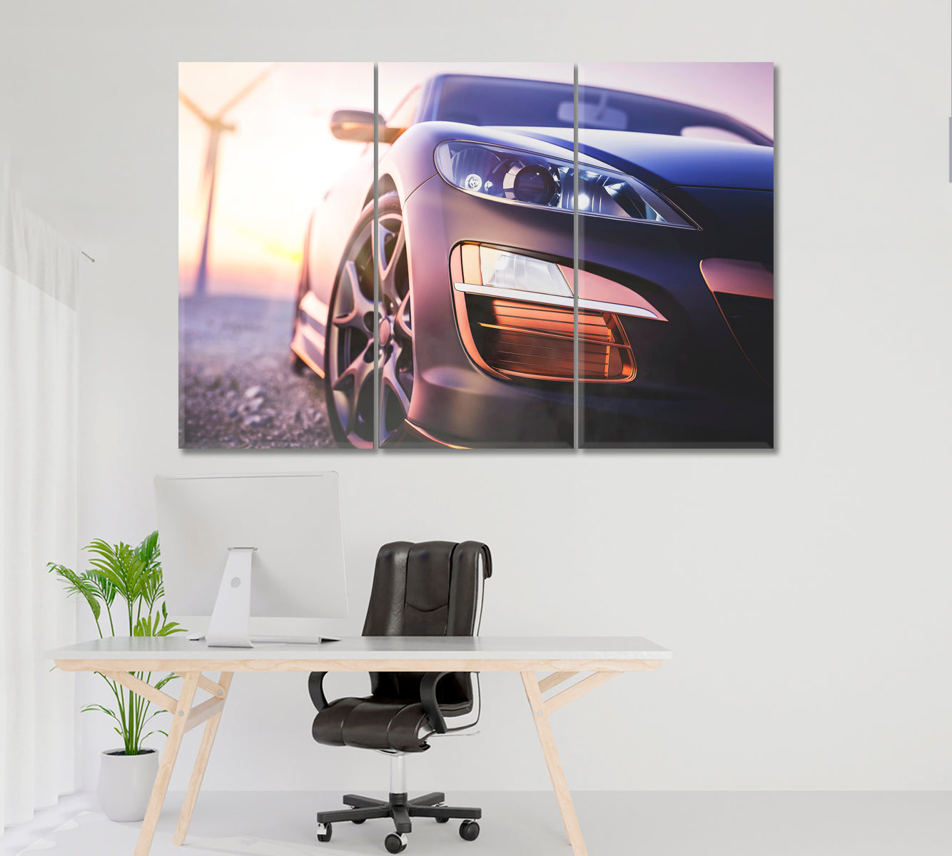 Sports Car and Wind Turbine Canvas Print ArtLexy 3 Panels 36"x24" inches 