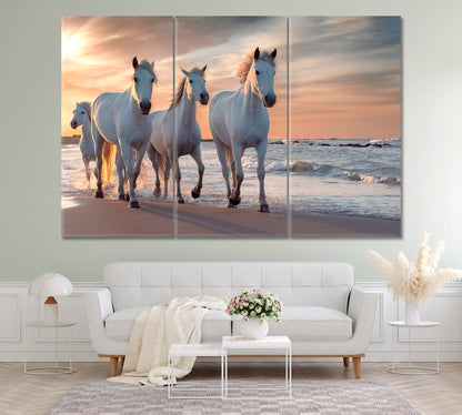 Herd of White Horses on Mediterranean Coast Camargue France Canvas Print ArtLexy 3 Panels 36"x24" inches 
