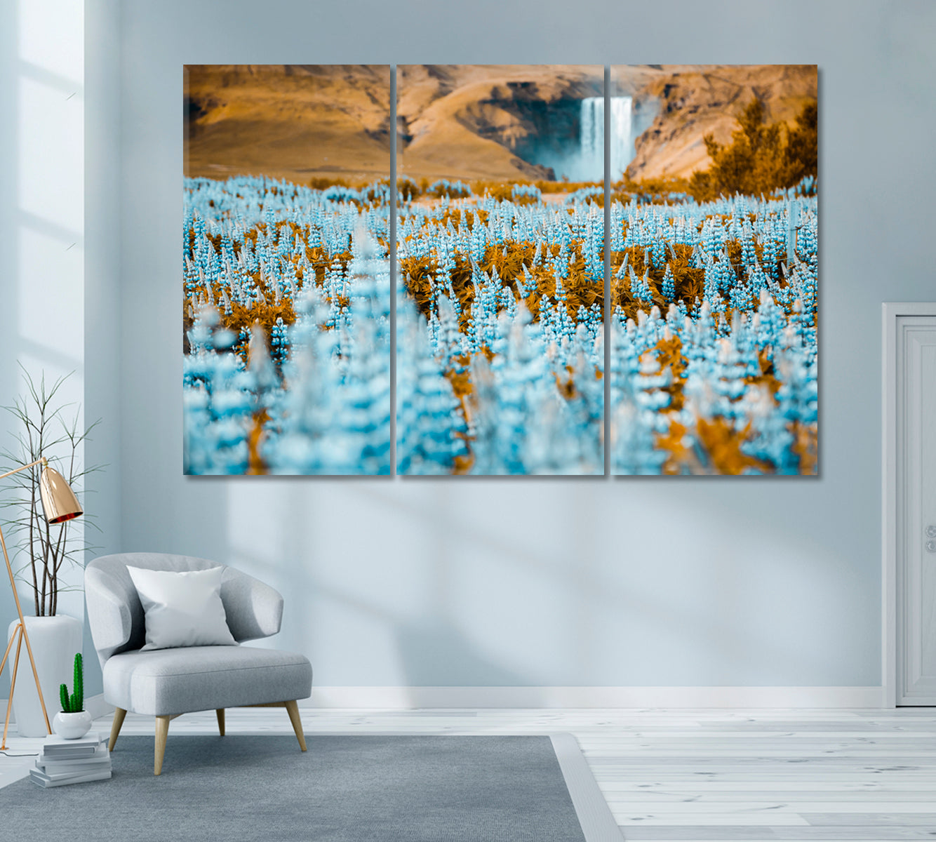 Skogafoss Waterfall with Field Lupine Flowers Skogar Iceland Canvas Print ArtLexy 3 Panels 36"x24" inches 