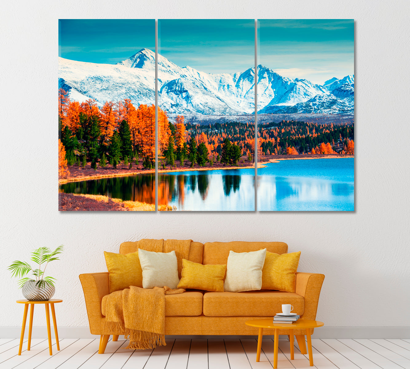 Mountains with Autumn Forest on Kidelu Lake Siberia Russia Canvas Print ArtLexy 3 Panels 36"x24" inches 